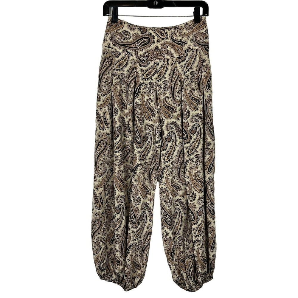 NILI LOTAN size 0 Moscow Pant Black & Beige Paisley pleated cropped SILK boho - Picture 2 of 8